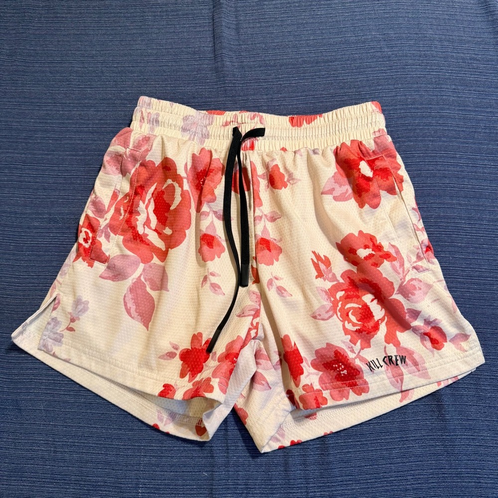 Kill Crew Women Cream Red Floral Rose Mesh Athletic Gym Shorts Small